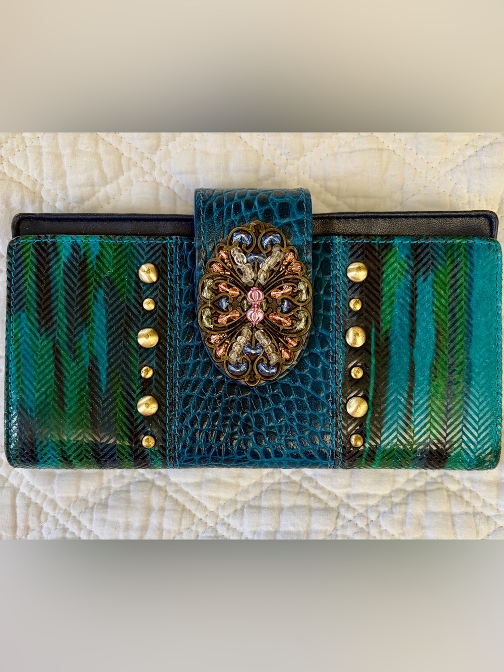 Sharif Vintage Green ( peacock colors ) Wallet with Ornate Jewel Accent